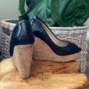Jimmy Choo Black Patent Leather Peep-toe Wedges